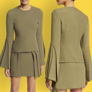 Brandon Maxwell Spring 2017 Collection Olive Green Layered-Sleeve Georgette Top